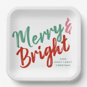 Merry & Bright painted script design Paper Plate