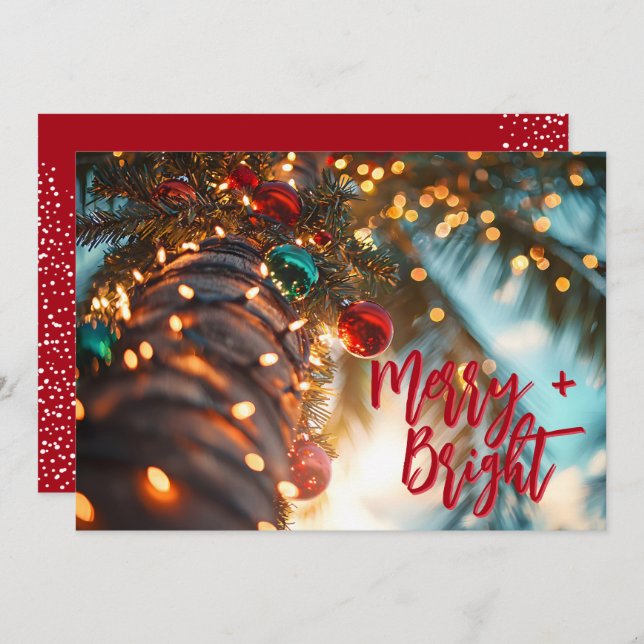 Merry + Bright Palm Tree and Ornament Flat Holiday Card (Front/Back)