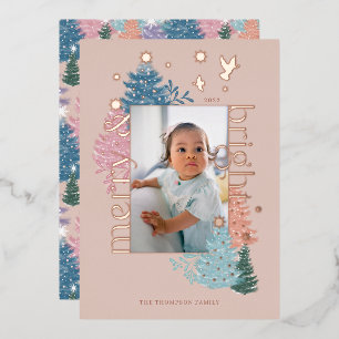 Merry & Bright Pastel Christmas Tree Forest Photo Foil Holiday Card
