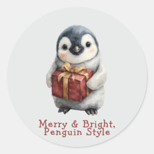 Merry & Bright Penguin Christmas Classic Round Sticker