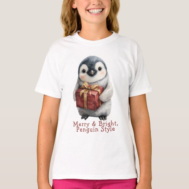 Merry & Bright Penguin Christmas T-Shirt (Front)