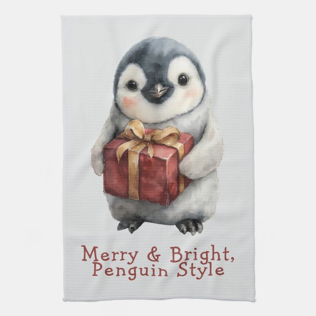 Merry & Bright Penguin Christmas Tea Towel (Vertical)