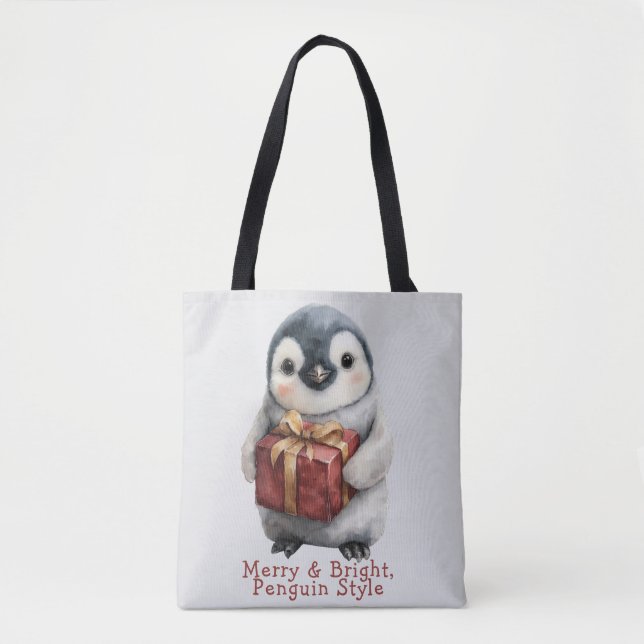 Merry & Bright Penguin Christmas Tote Bag (Front)