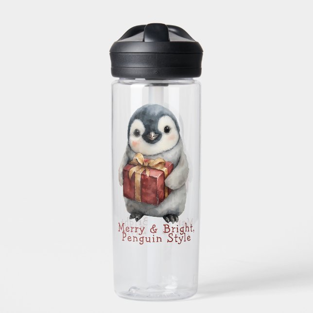 Merry & Bright Penguin Christmas Water Bottle (Front)