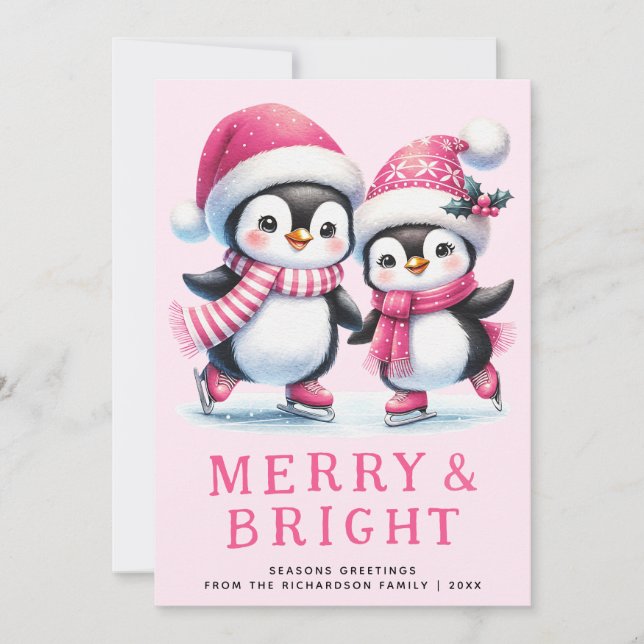 Merry & Bright Penguin Ice Skaters Pink Christmas Holiday Card (Front)