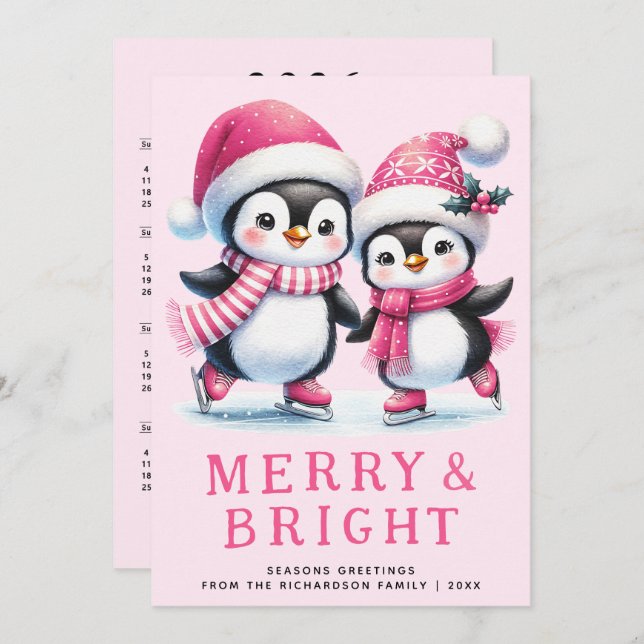 Merry & Bright Penguin Ice Skaters Pink Christmas Holiday Card (Front/Back)