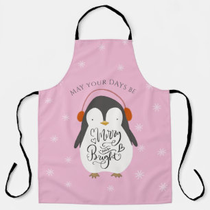Merry Bright Penguin Whimsical Christmas Pink Apron