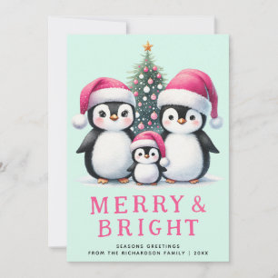 Merry & Bright Penguins Family Pink Mint Christmas Holiday Card