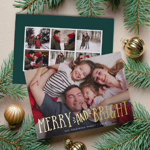 Merry & Bright + Photo Collage Back   Foil Holiday Card