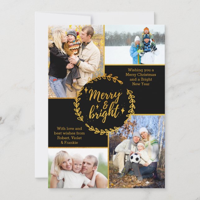 Merry & Bright Photo Collage Black Gold Christmas Holiday Card (Front)