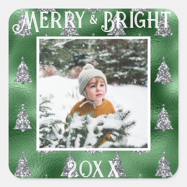Merry & Bright Photo Metallic Glitter Square Sticker (Front)