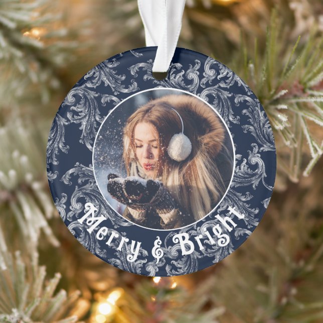 Merry & Bright Photo Personalised Blue Vintage Ornament (Tree)