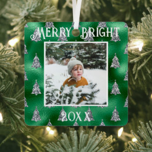 Merry & Bright Photo Personalized Metallic Glitter Metal Tree Decoration
