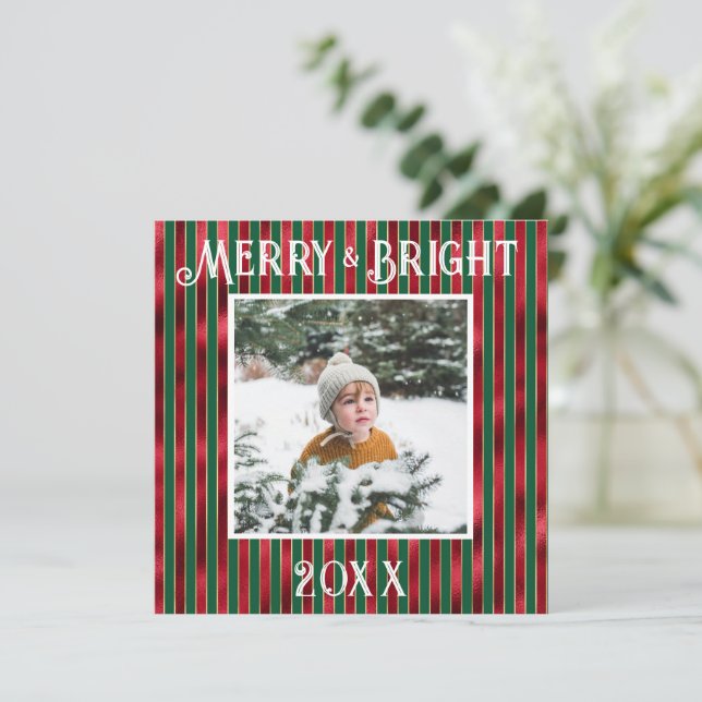 Merry & Bright Photo Red Green Metallic Holiday Card (Standing Front)