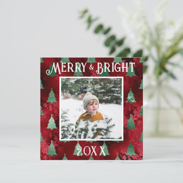 Merry & Bright Photo Red Metallic Glitter Holiday Card (Standing Front)