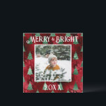 Merry & Bright Photo Red Metallic Glitter Holiday Card<br><div class="desc">Merry & Bright typography.  Red faux metallic with green metallic pine trees with your favourite photo in the centre.  Personalise with your message and name on the reverse side.  The perfect holiday greeting card.</div>