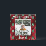 Merry & Bright Photo Red Metallic Glitter Holiday Card<br><div class="desc">Merry & Bright typography.  Red faux metallic with green metallic pine trees with your favourite photo in the centre.  Personalise with your message and name on the reverse side.  The perfect holiday greeting card.</div>