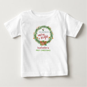 Merry & Bright Pine Needle Wreath First Christmas Baby T-Shirt