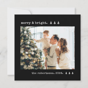 Merry & Bright Pine Tree Typewriter Photo Black Holiday Card