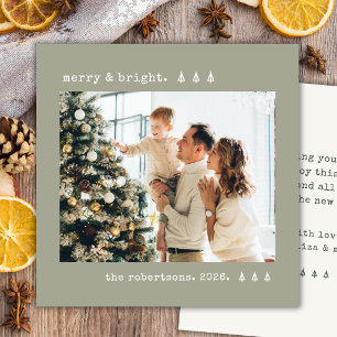 Merry & Bright Pine Tree Typewriter Photo Sage Holiday Card