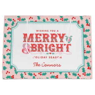 Merry & Bright   Pink and Red Holly   Personalised Large Gift Bag