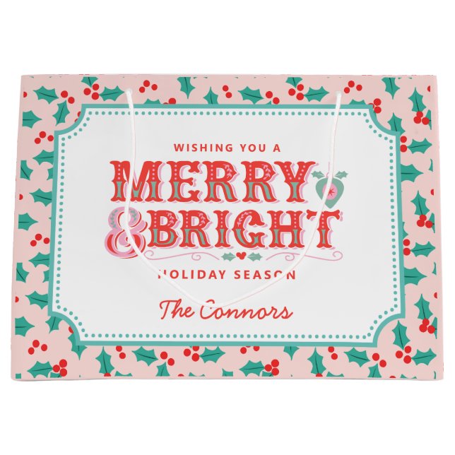 Merry & Bright | Pink and Red Holly | Personalised Large Gift Bag (Front)