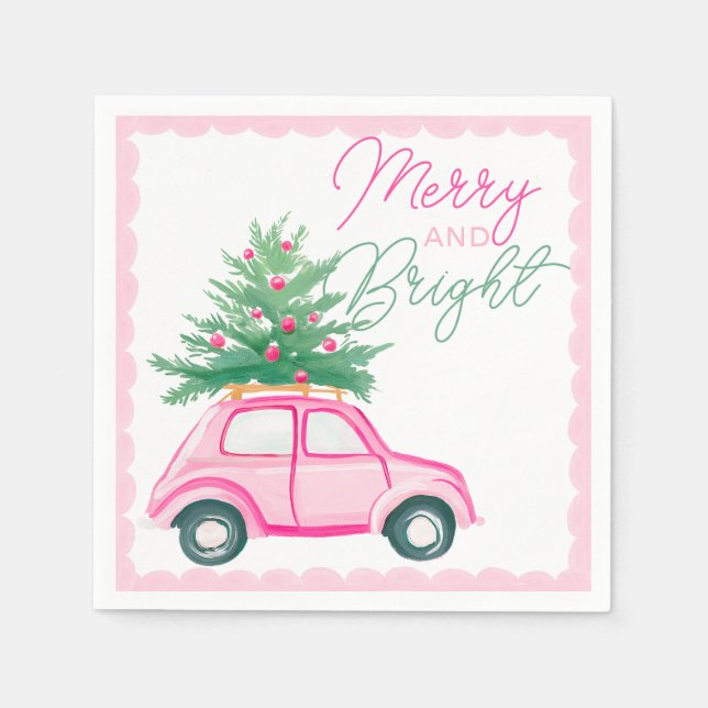 Merry & Bright Pink Christmas Car Christmas Tree Napkin (Front)