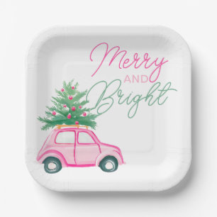 Merry & Bright Pink Christmas Car Christmas Tree Paper Plate