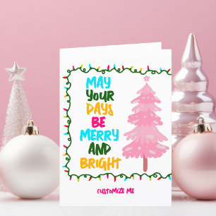 Merry Bright Pink Christmas Tree Cute Custom Holiday Card