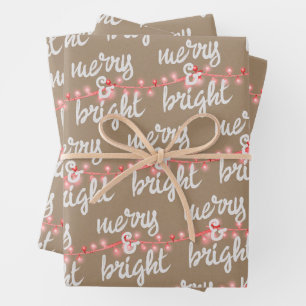 Merry & Bright Pink Christmas Tree Lights Kraft Wrapping Paper Sheet