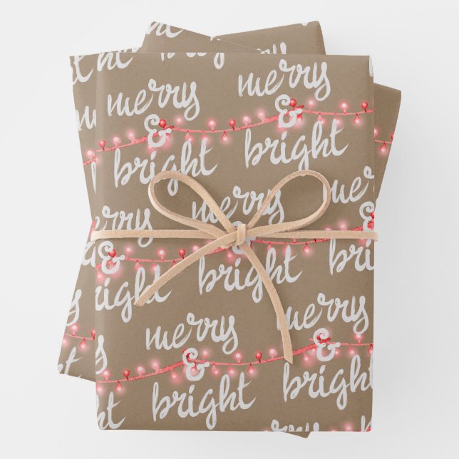 Merry & Bright Pink Christmas Tree Lights Kraft Wrapping Paper Sheet (In situ)