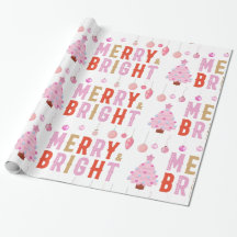 Merry & Bright Pink Christmas Tree Wrapping Paper