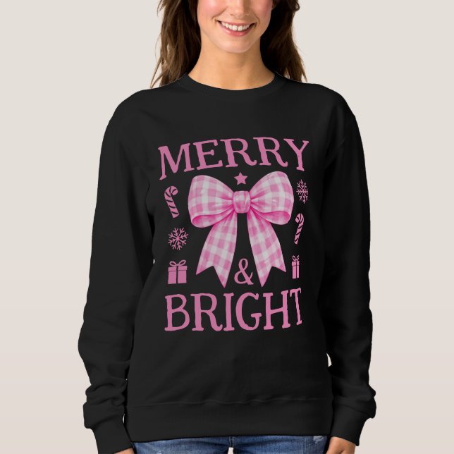 Merry & Bright Pink Gingham Bow Christmas Sweatshirt (Front)
