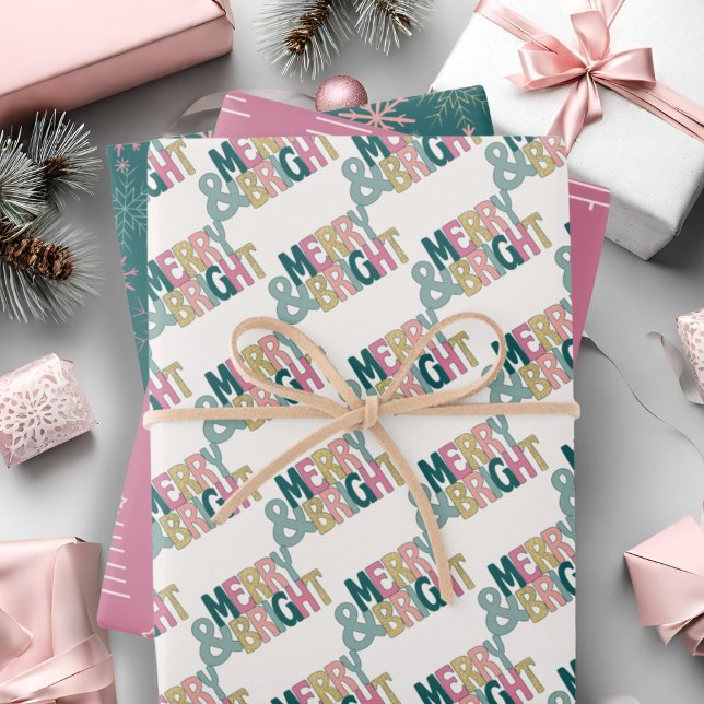 Merry & Bright pink green gold snowflakes & trees Wrapping Paper Sheet (Creator Uploaded)