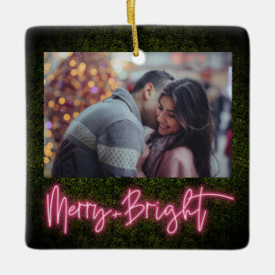 Merry + Bright Pink Neon Boxwood Christmas Photo Ceramic Ornament