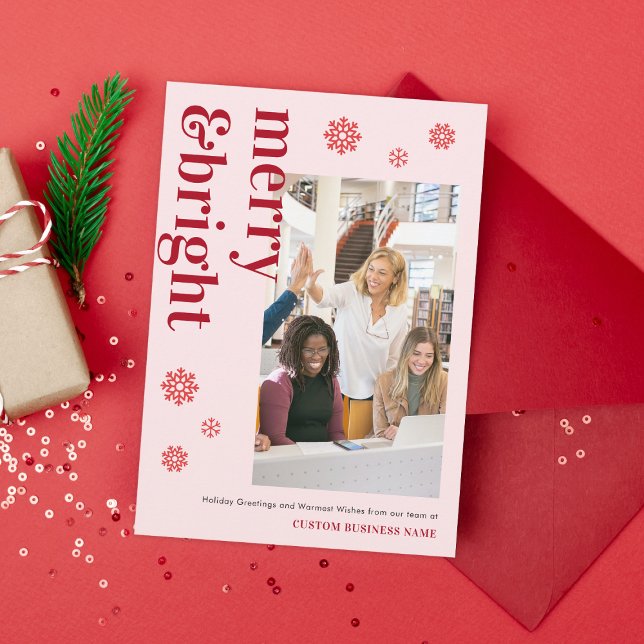 Merry Bright Pink Red Team Photo Business Xmas Holiday Card (Creator Uploaded)