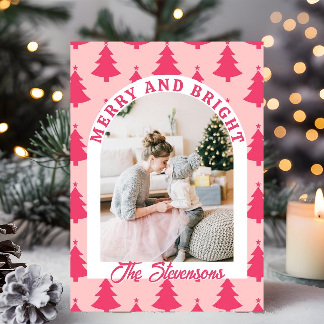 Merry & Bright Pink Retro Arch Photo Christmas  Holiday Card (Creator Uploaded)