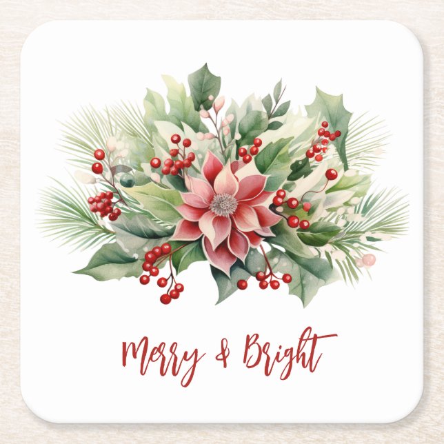 Merry Bright Poinsettia Berries Christmas Holiday Square Paper Coaster (Front)