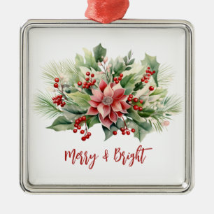 Merry & Bright Poinsettia Red Berries Christmas Metal Tree Decoration