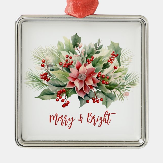 Merry & Bright Poinsettia Red Berries Christmas Metal Tree Decoration (Front)