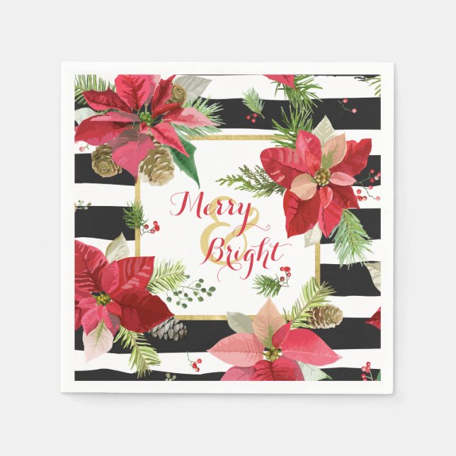 Merry & Bright Poinsettias, Black Stripe Napkins (Front)