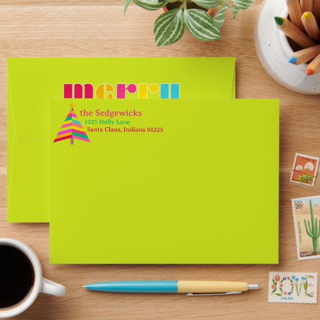 merry Bright Rainbow Stripes Christmas Tree Green Envelope (Desk)