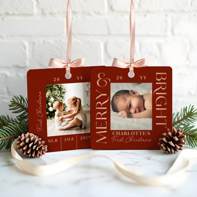 Merry & Bright Red Baby First Christmas Photos Metal Tree Decoration (Merry & Bright Red Baby First Christmas Photos Metal Ornament)