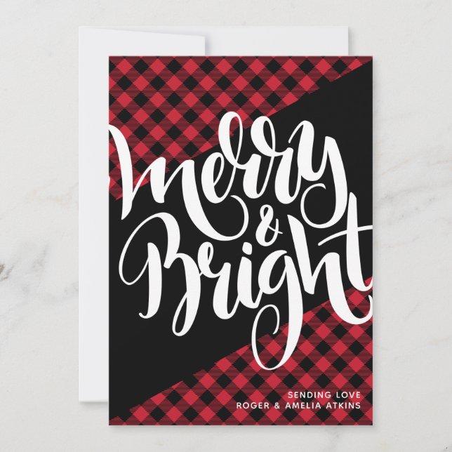 Merry Bright  Red Black Buffalo Plaid No Photo  Holiday Card (Front)