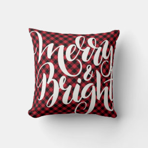 Merry Bright  Red Black Buffalo Plaid Tartan Xmas Cushion