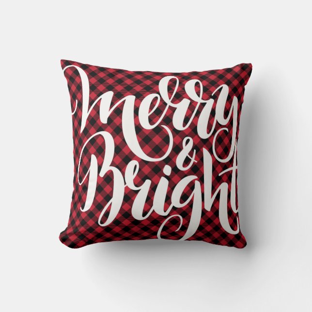 Merry Bright  Red Black Buffalo Plaid Tartan Xmas Cushion (Front)