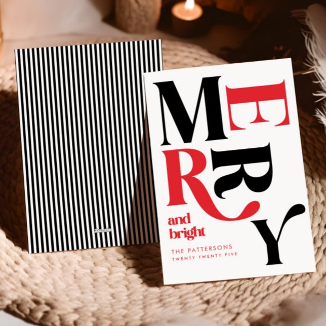 Merry & Bright Red & Black Retro Christmas Holiday Card (Creator Uploaded)