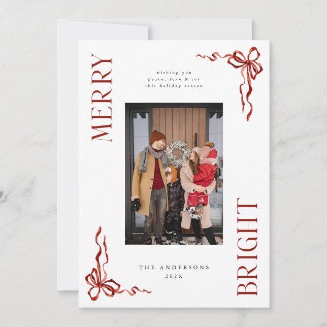 Merry & Bright Red Bow Photo Christmas Card  (Front)