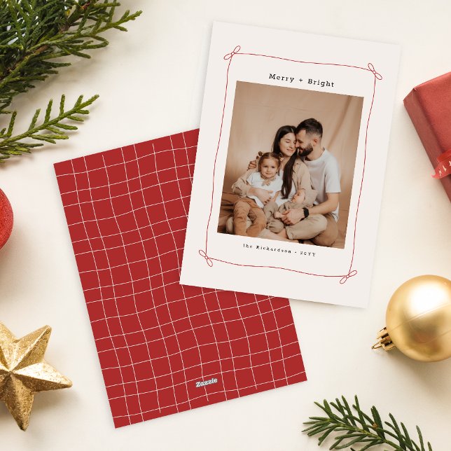 Merry Bright Red Bow Ribbon Family Photo Christmas Holiday Card (Creator Uploaded)