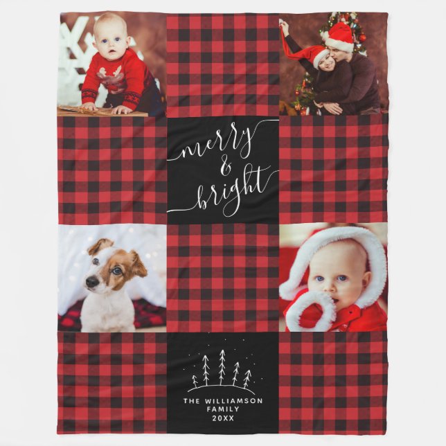 Merry & Bright Red Buffalo Plaid Christmas Photo Fleece Blanket (Front)